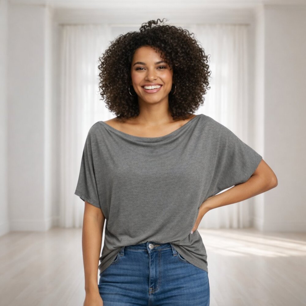 Grey Off Shoulder Top XL Soft Rayon Spandex Casual Lounge Minimalist Slouchy Tee